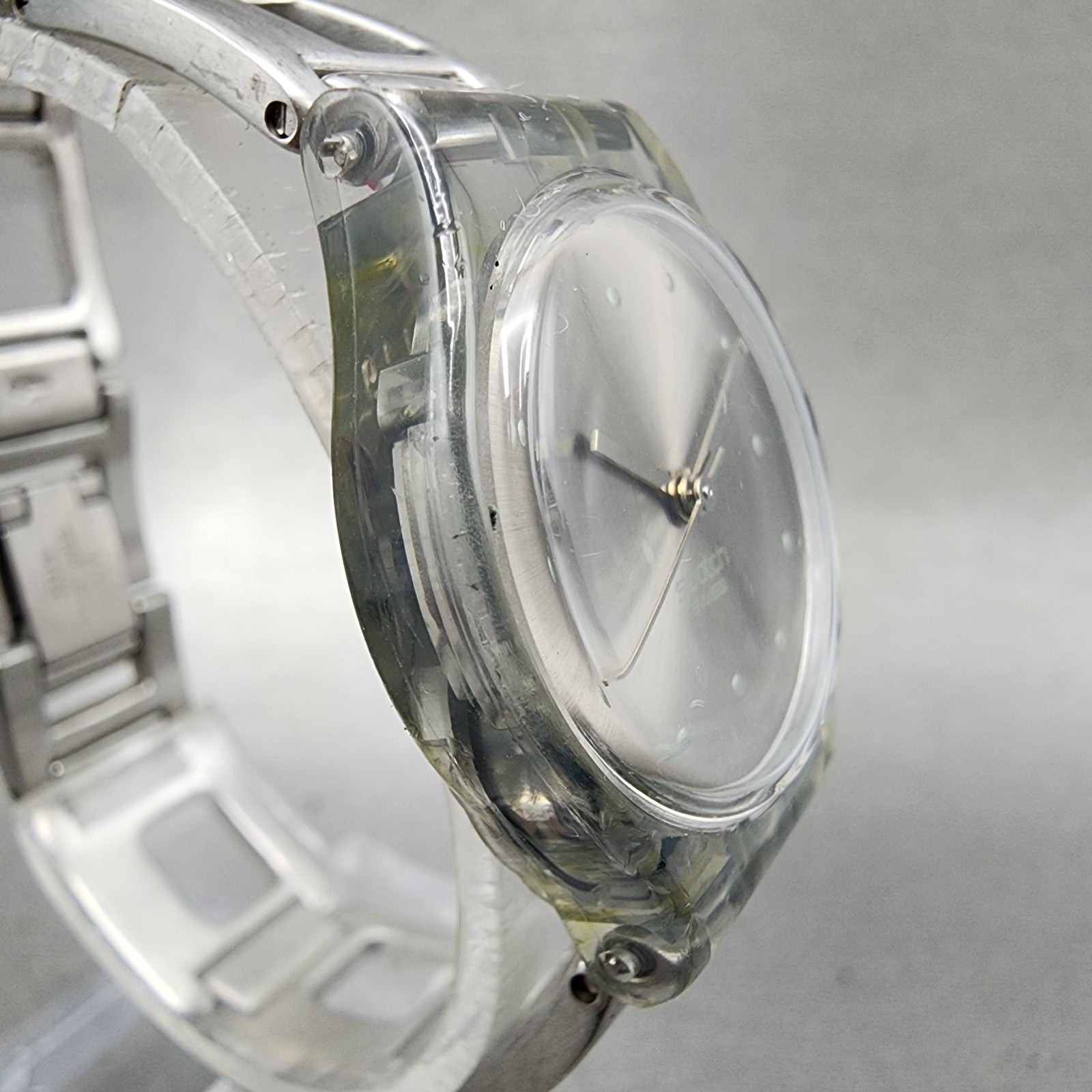 Swatch Watch Women 25mm Silver Dial Clear Case Round New Battery VTG3