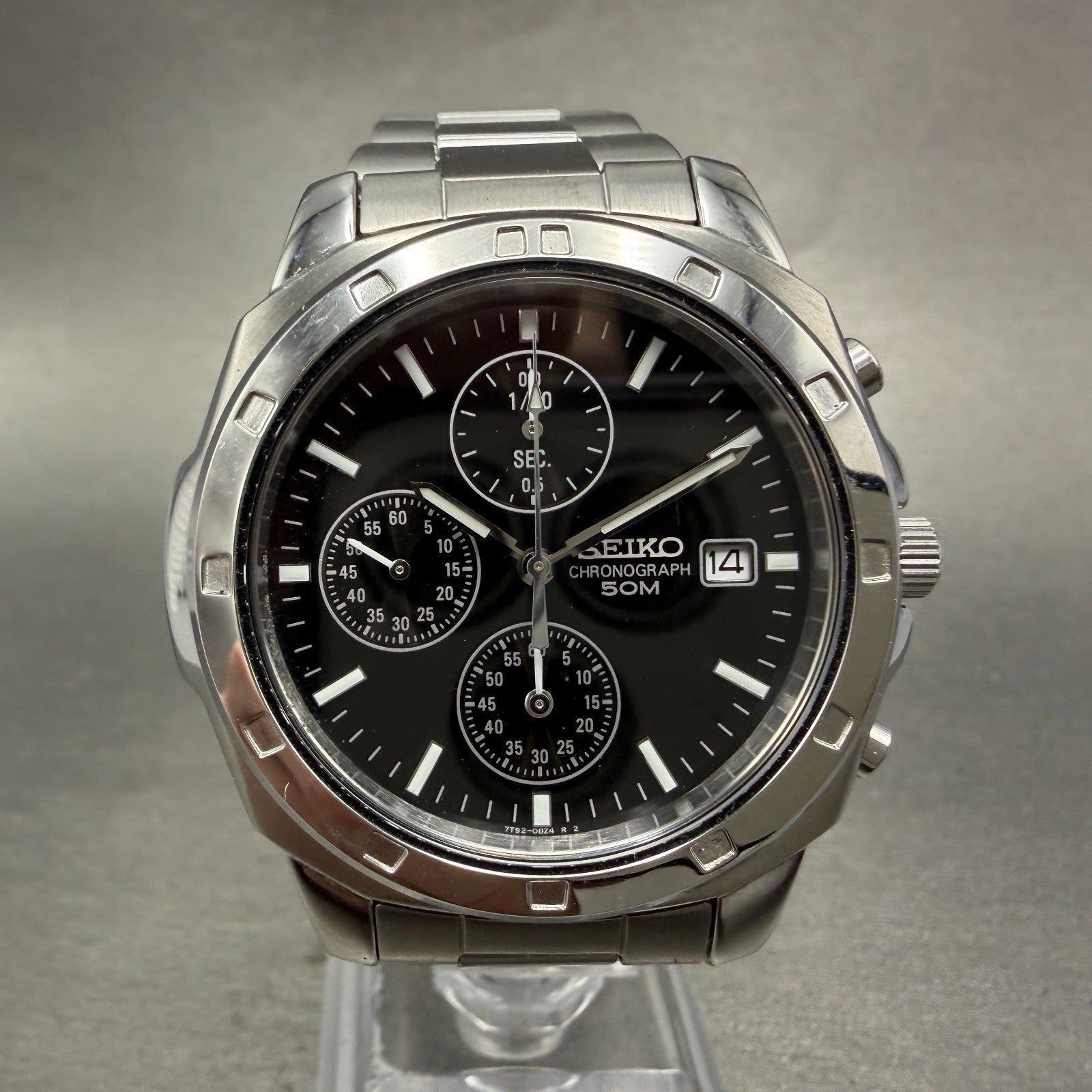 Seiko Chronograph Watch Men 39mm Black Dial Silver Tone Date 7t92-0ca0 New Batt0