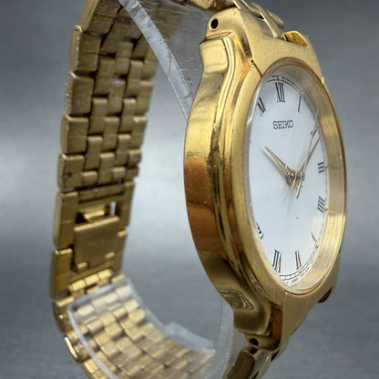Seiko Watch Men 32mm White Dial God Tone Round V701-2b60 New Battery Vinatge3