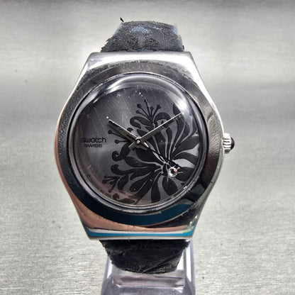 Swatch Irony BLACK FLOWER Watch Women Silver Dial Silver Tone YLS146 New Battery0