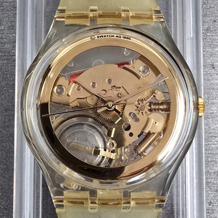 Swatch Golden Jelly Watch Men 34mm Skeleton Dial Clear Case GZ115 New Batt NOS1