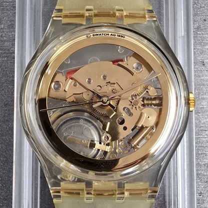 Swatch Golden Jelly Watch Men 34mm Skeleton Dial Clear Case GZ115 New Batt NOS1