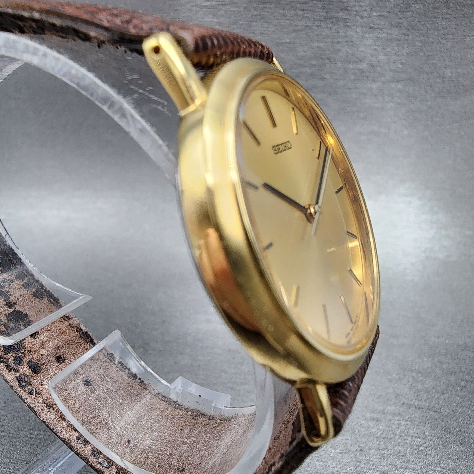 Seiko Watch Men 33mm Gold Dial Gold Tone Round 7N016B20 New Battery VTG3
