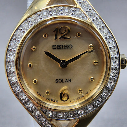 Seiko Solar Watch Women 22mm Champagne Dial Gold Tone Round V115-0AP0 Runs