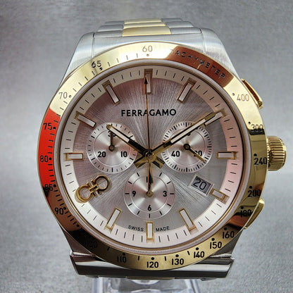Ferragamo 1927 Chronograph Watch Men 42mm White Dial Two Tone Date Round W/Box