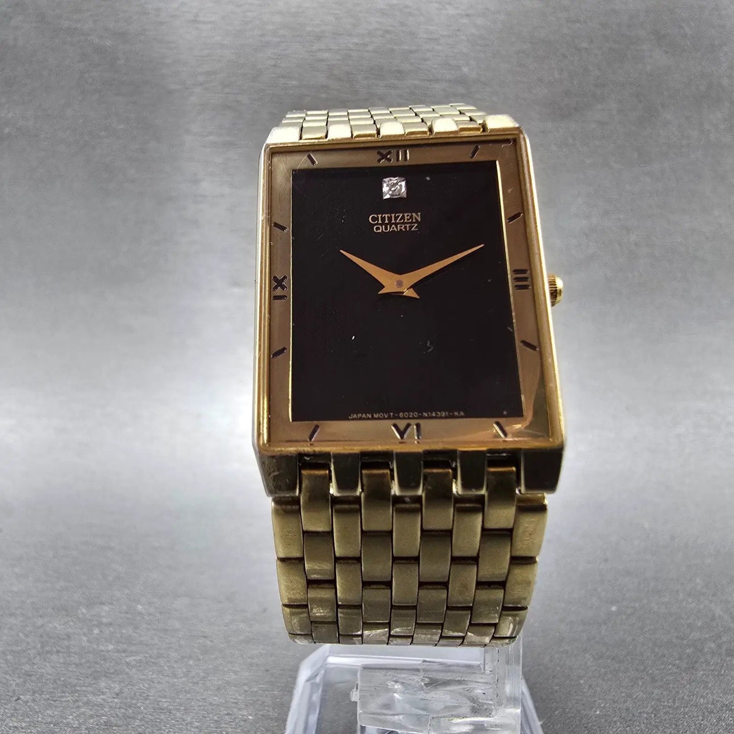 Citizen Tank Watch Men 25mm Black Dial Gold Tone 6020-S36530 New Battery Diamond5