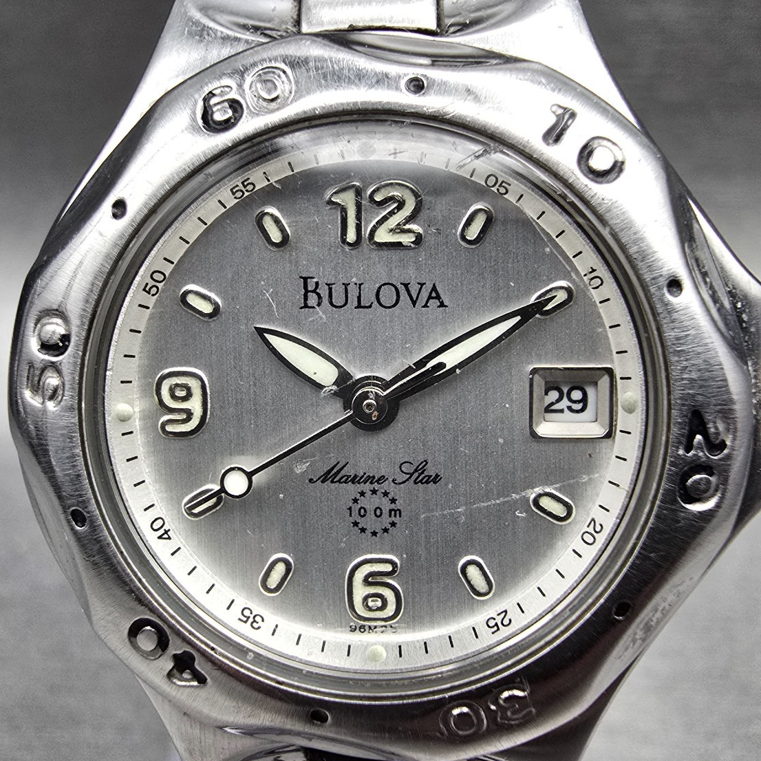 Bulova Marine Star Watch Women 28mm Silver Dial Silver Tone Date 96M25 New Batt1