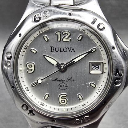 Bulova Marine Star Watch Women 28mm Silver Dial Silver Tone Date 96M25 New Batt1