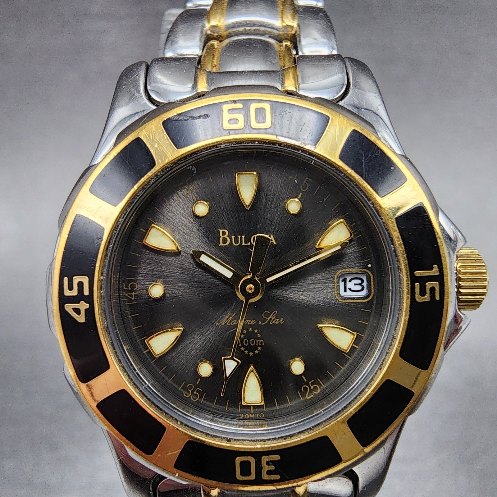 Bulova Marine Star Watch Women 27mm Black Dial Two Tone Date Round New Battery1