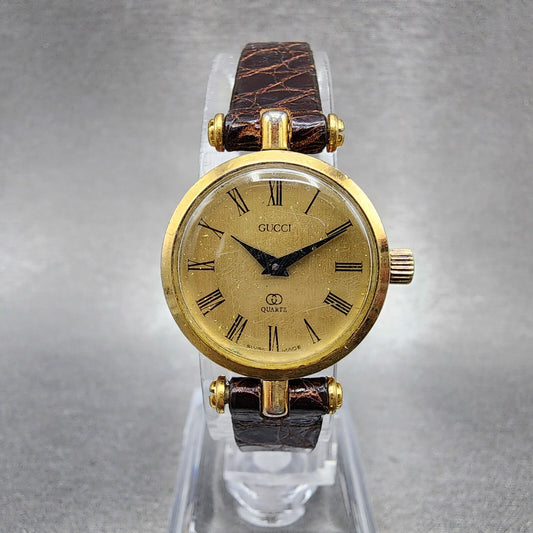 Gucci 2000L Watch Women 21mm Champange Dial Gold Plated Round New Battery0