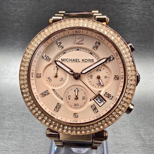 Michael Kors Parker Watch Women 39mm Rose Gold Chrono Gemmed MK5538 New Battery0