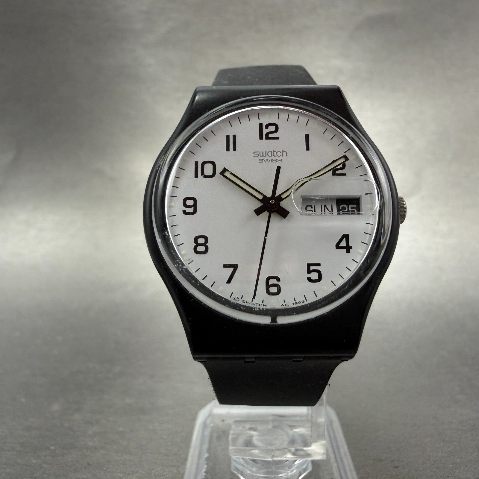 Swatch Once Again Watch Men 34mm White Dial Black Daydate GB743 Round New Batt5