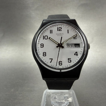 Swatch Once Again Watch Men 34mm White Dial Black Daydate GB743 Round New Batt5