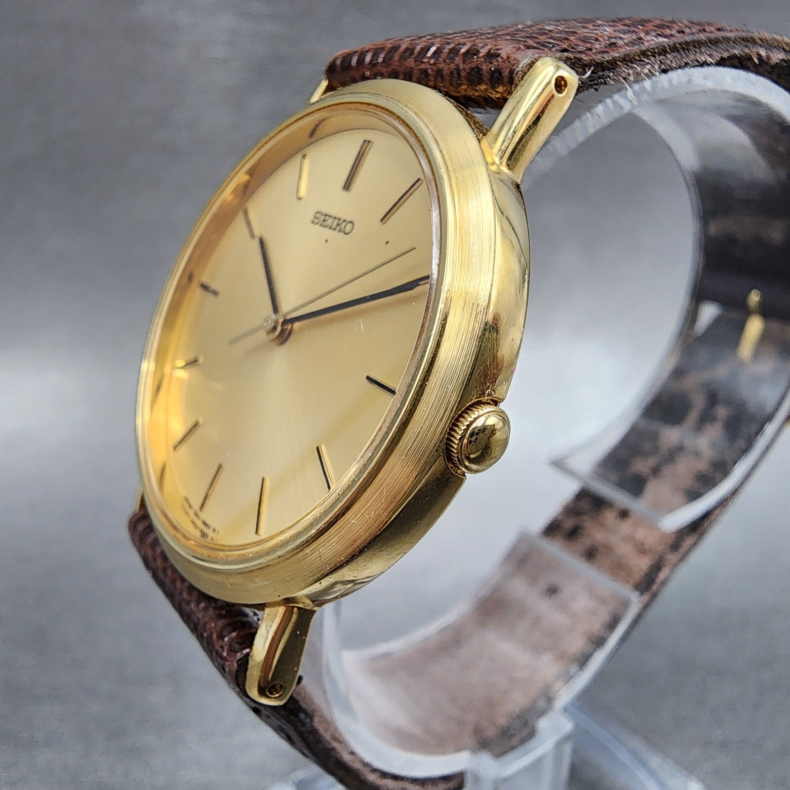 Seiko Watch Men 33mm Gold Dial Gold Tone Round 7N016B20 New Battery VTG2