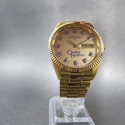 Wittnauer President Watch Men 35mm Gold Dial Gold Tone Daydate JV9635 New Batt5