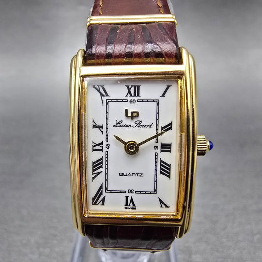 Lucien Piccard Tank Watch Women 18mm White Dial Gold Tone Rectangle New Battery0