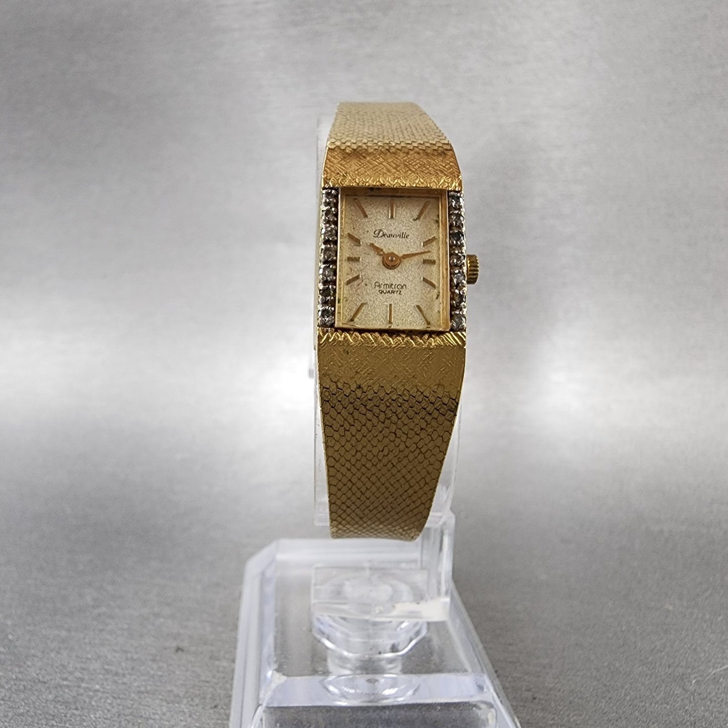 Armitron Deauville Tank Watch Women 15mm Gold Tone Diamond Bezel New Battery5