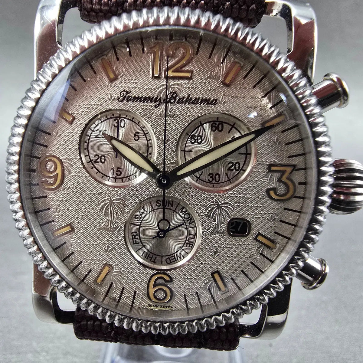 Tommy Bahama Chronograph Watch Men 38mm Cream Dial Steel Date TB1022 New Battery1