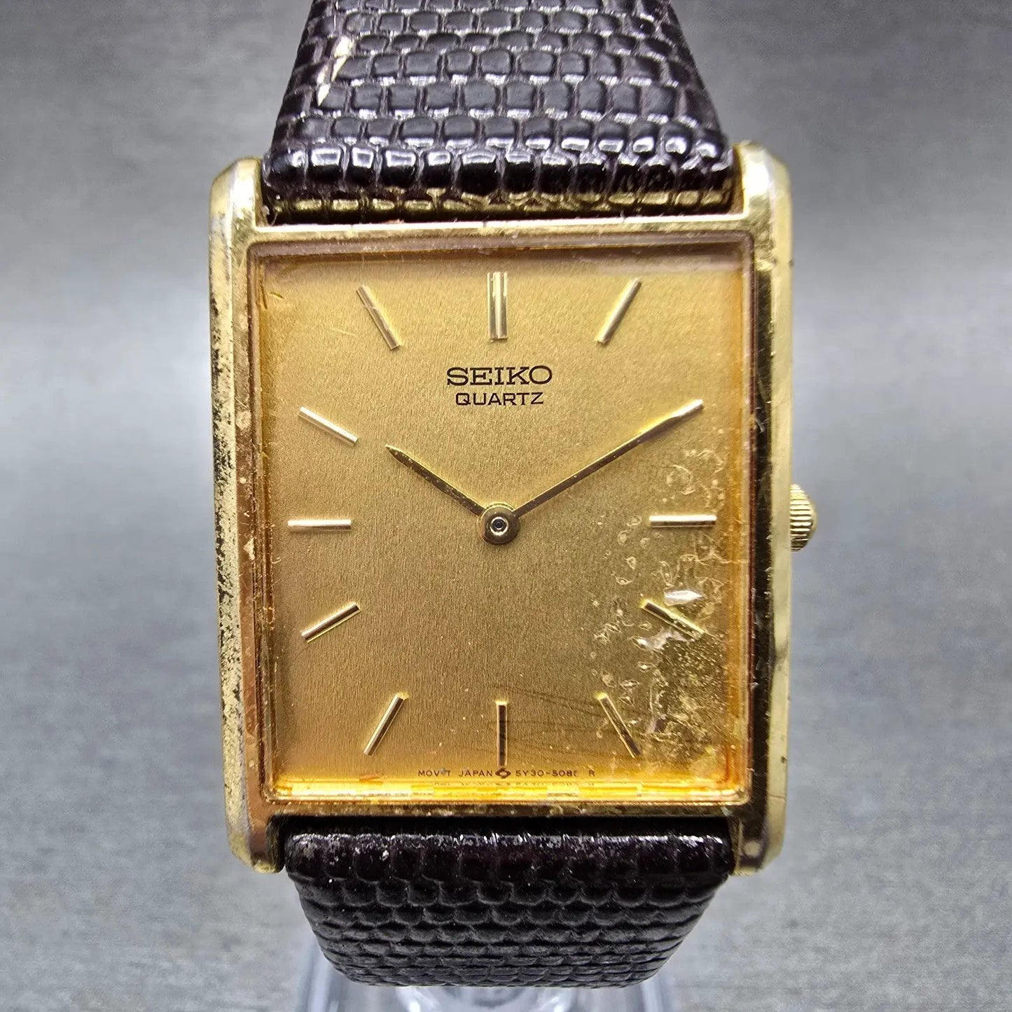 Seiko Watch Men 25mm Gold Dial Gold Tone Rectangle 5Y30-5069 New Battery Vintage0