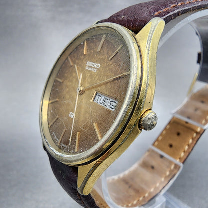 Seiko SQ Watch Men 34mm Brown Dial Gold Tone Daydate Round READ!!!!! New Battery2