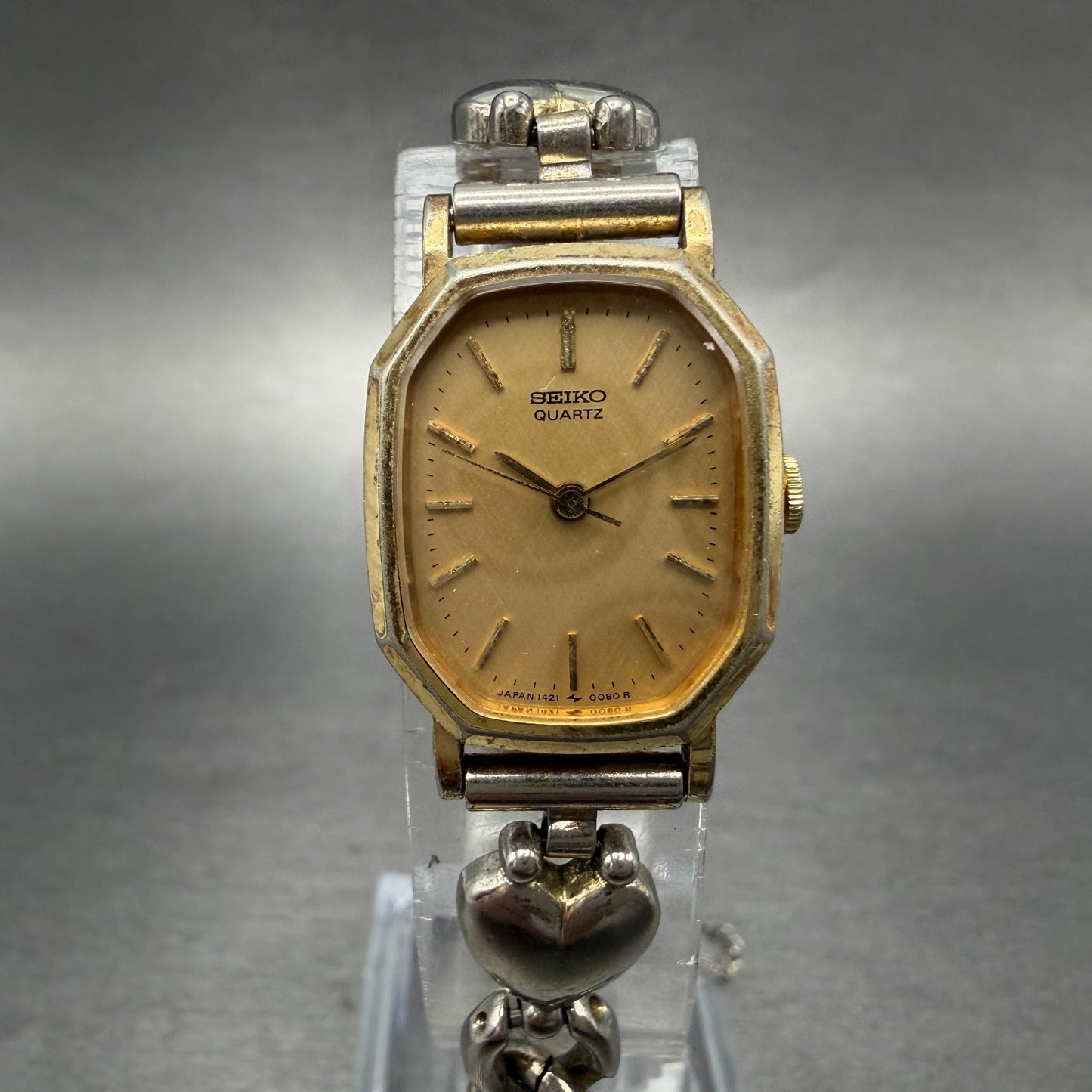 Seiko Watch Women 18mm Champagne Dial Gold Tone Heart 1421-5040 New Battery VTG0