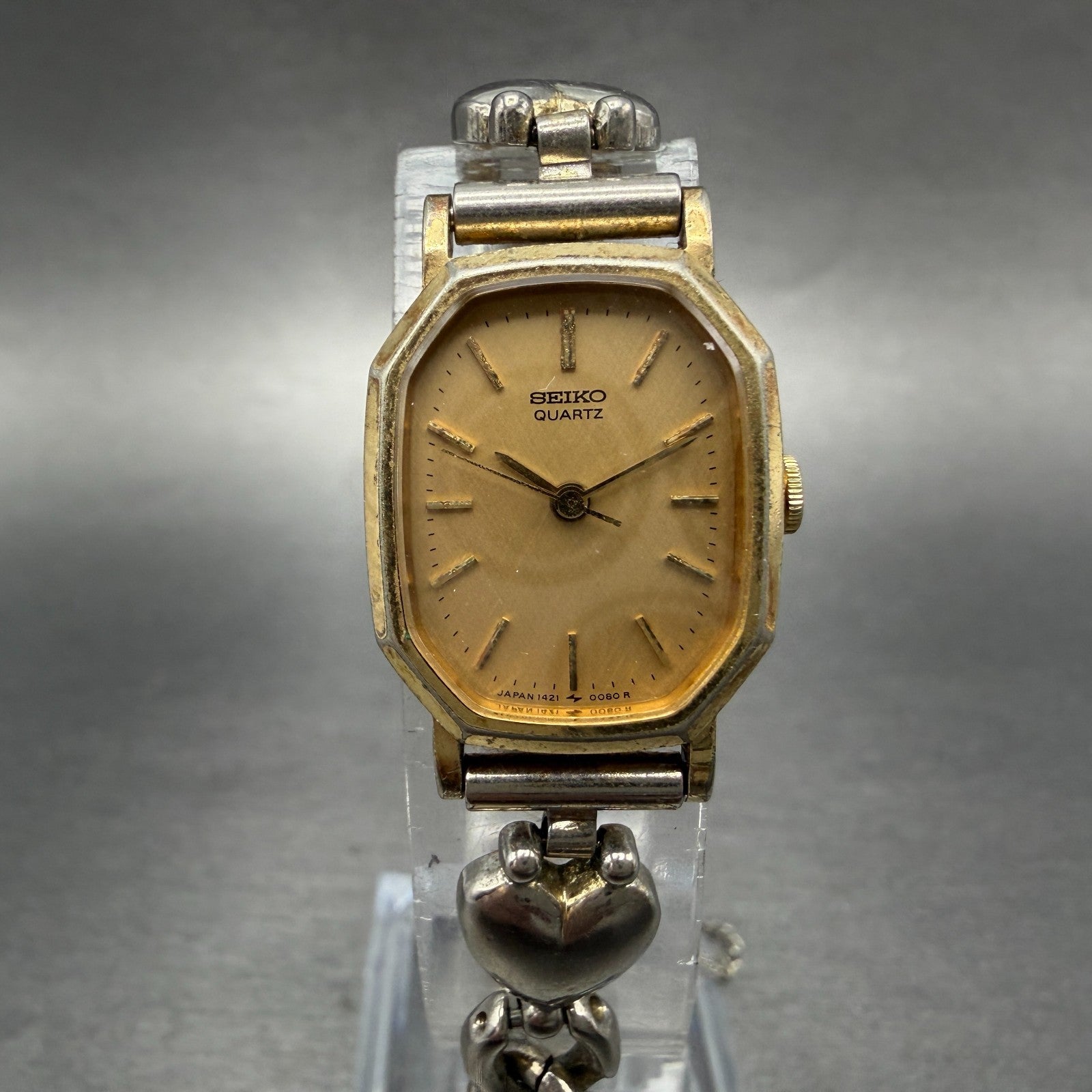 Seiko Watch Women 18mm Champagne Dial Gold Tone Heart 1421-5040 New Battery VTG0