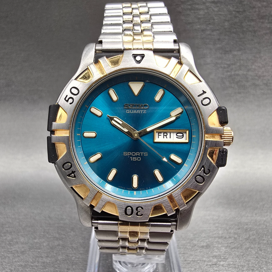 Seiko Sports 150 Diver Watch Men 41mm Blue Dial Two Tone 7N43-8099 New Battery0