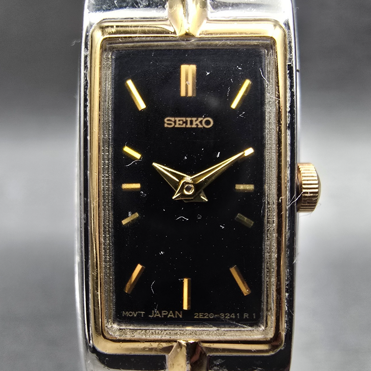 Seiko Tank Watch Women 13mm Black Dial Two Tone Rectangle 2E20-0AY0 New BatteryP1