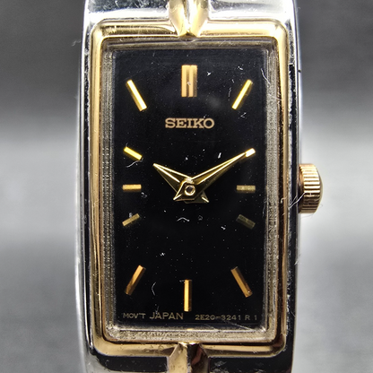 Seiko Tank Watch Women 13mm Black Dial Two Tone Rectangle 2E20-0AY0 New BatteryP1