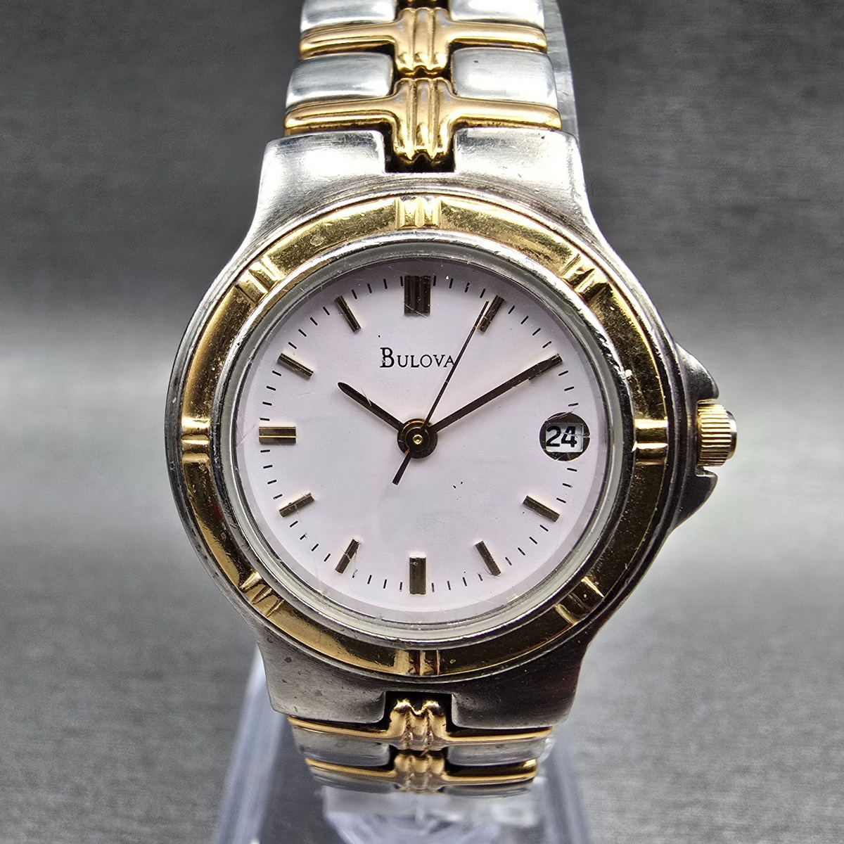 Bulova Watch Women 25mm Pink Dial Two Tone Date Round New Battery VTG0