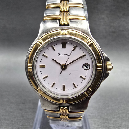 Bulova Watch Women 25mm Pink Dial Two Tone Date Round New Battery VTG0