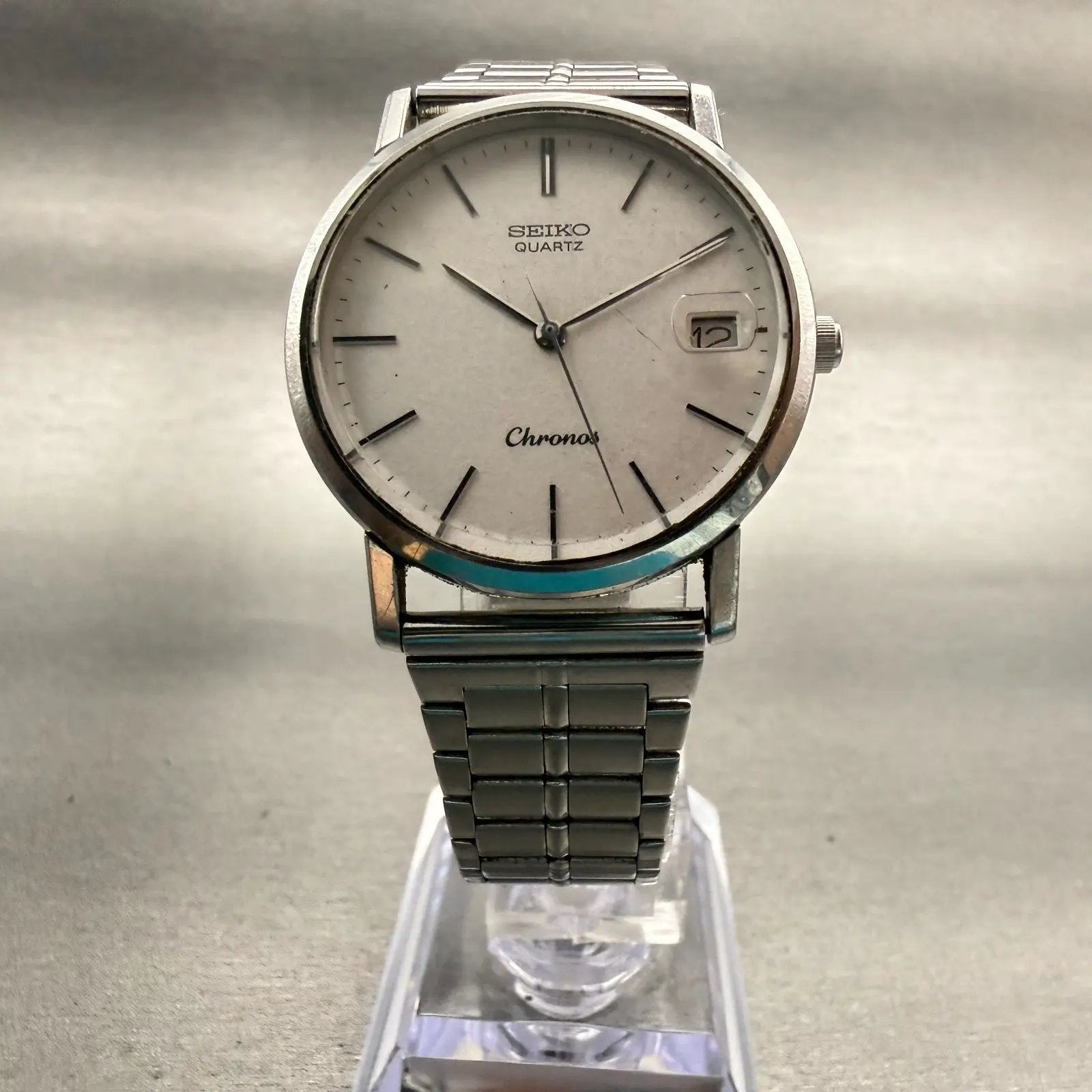 Seiko Chronos Watch Unisex 32mm Silver Dial Silver Date Round 7432-8000 New Batt5