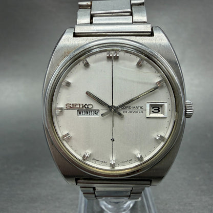 Seiko Lord Matic Watch Men 35mm Silver Dial Silver Tone Daydate 5606-7050 Runs0