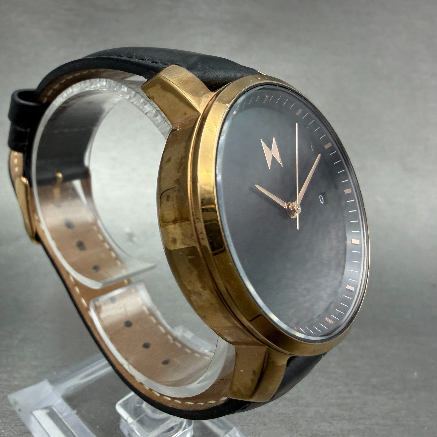 MVMT Boulevard Watch Women 38mm Black Dial Rose Gold Tone Date Leather New BattL3