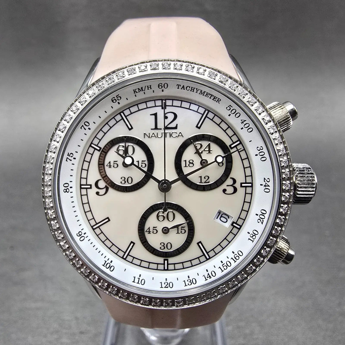 Nautica Chronograph Watch Women 35mm MOP Dial Steel Diamond Bezel New Battery K0