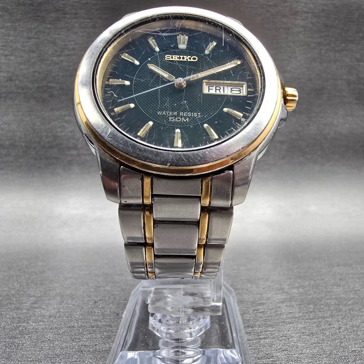 Seiko Watch Men 38mm Black Dial Two Tone Daydate Round 7N43-8309 New Battery5