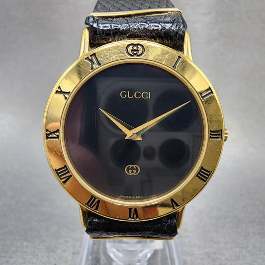 Gucci 3000M Watch Men 33mm Black Dial Gold Plated Round Leather Band New Battery0