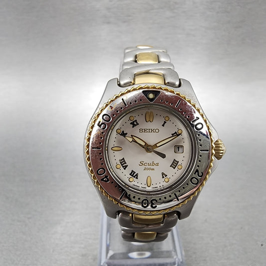 Seiko Scuba Dive Watch Women 31mm White Dial Two Tone Date Round New Battery0
