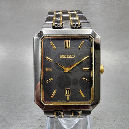 Seiko Tank Watch Men 27mm Black Dial Black &gold Tone Date V7395b19 New Battery0