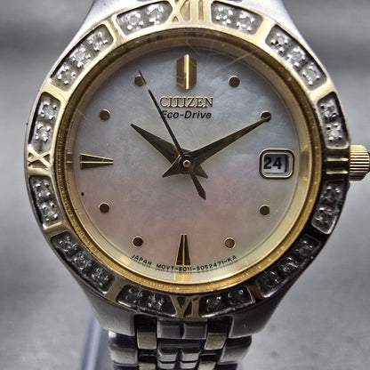 Citizen Eco-Drive Watch Women 25mm MOP Dial Two Tone Date Diamonds E011 Works1