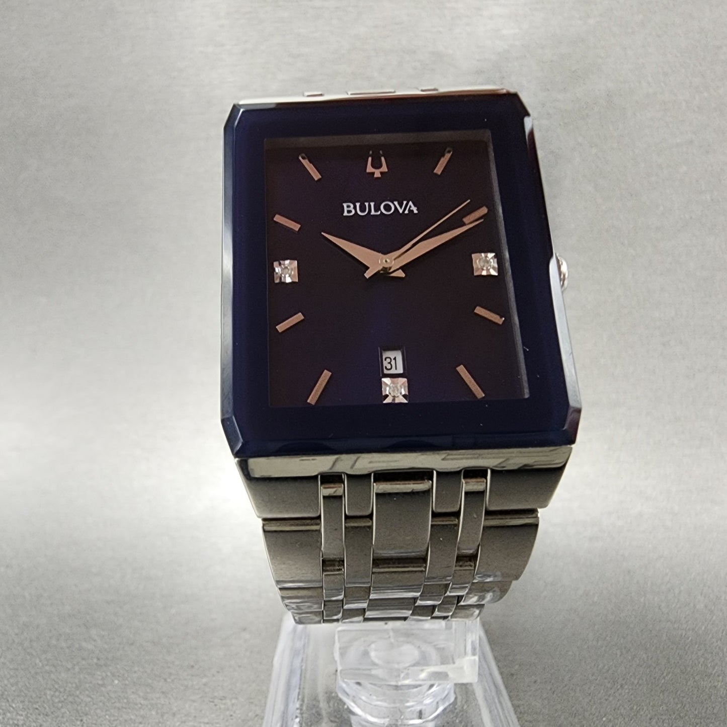 Bulova Quadra Tank Watch Men 31mm Blue Dial Silver Tone Rectangle 96D139 W/Box7