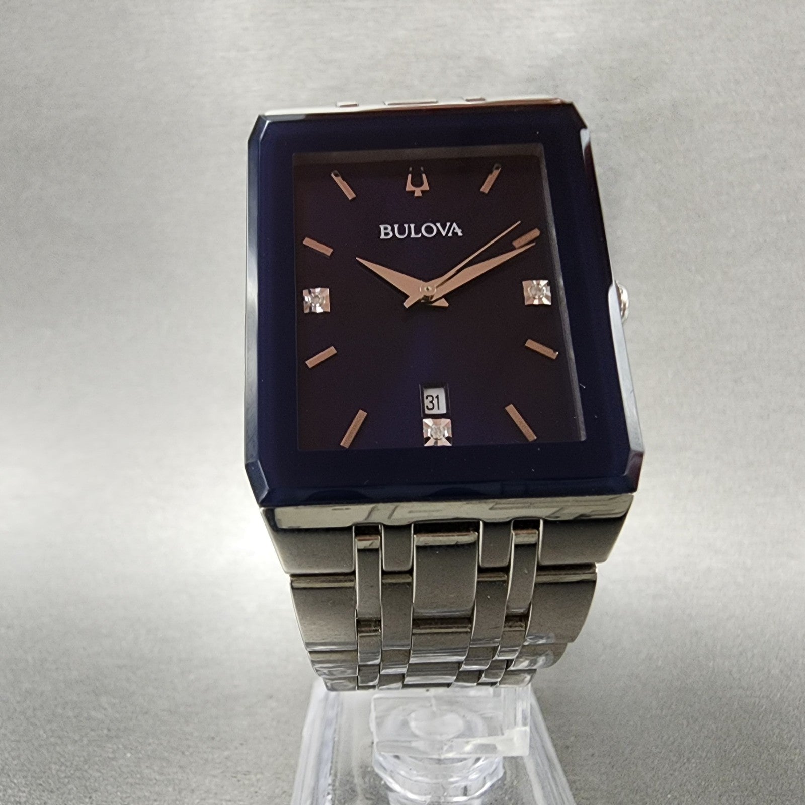 Bulova Quadra Tank Watch Men 31mm Blue Dial Silver Tone Rectangle 96D139 W/Box7
