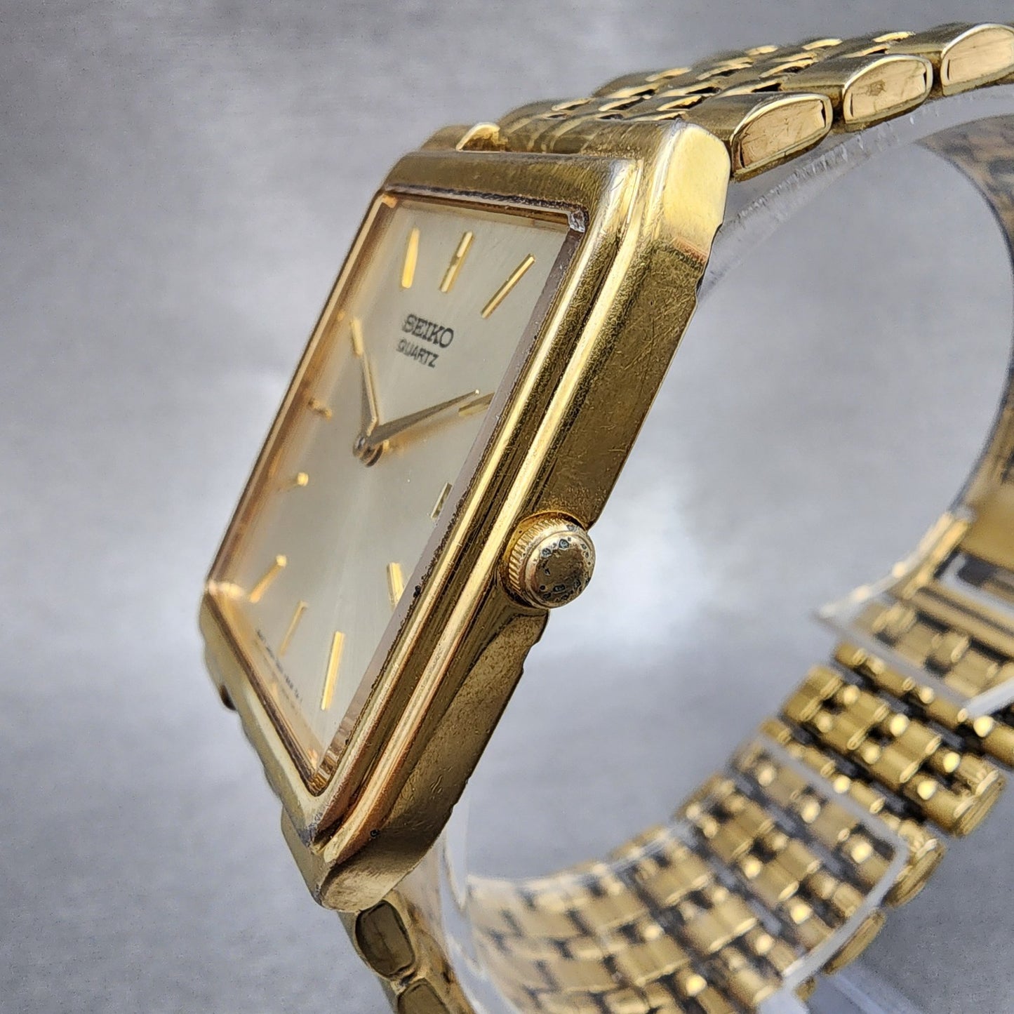 Seiko Tank Watch Men 27mm Champagne Dial Gold Tone Date 7n295b29 New Battery3