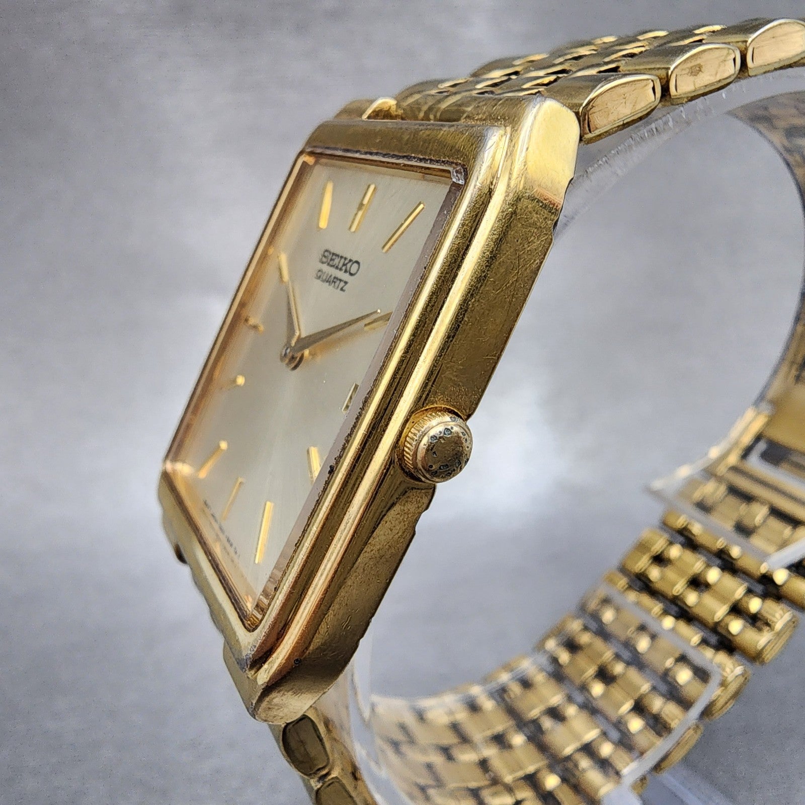 Seiko Tank Watch Men 27mm Champagne Dial Gold Tone Date 7n295b29 New Battery3