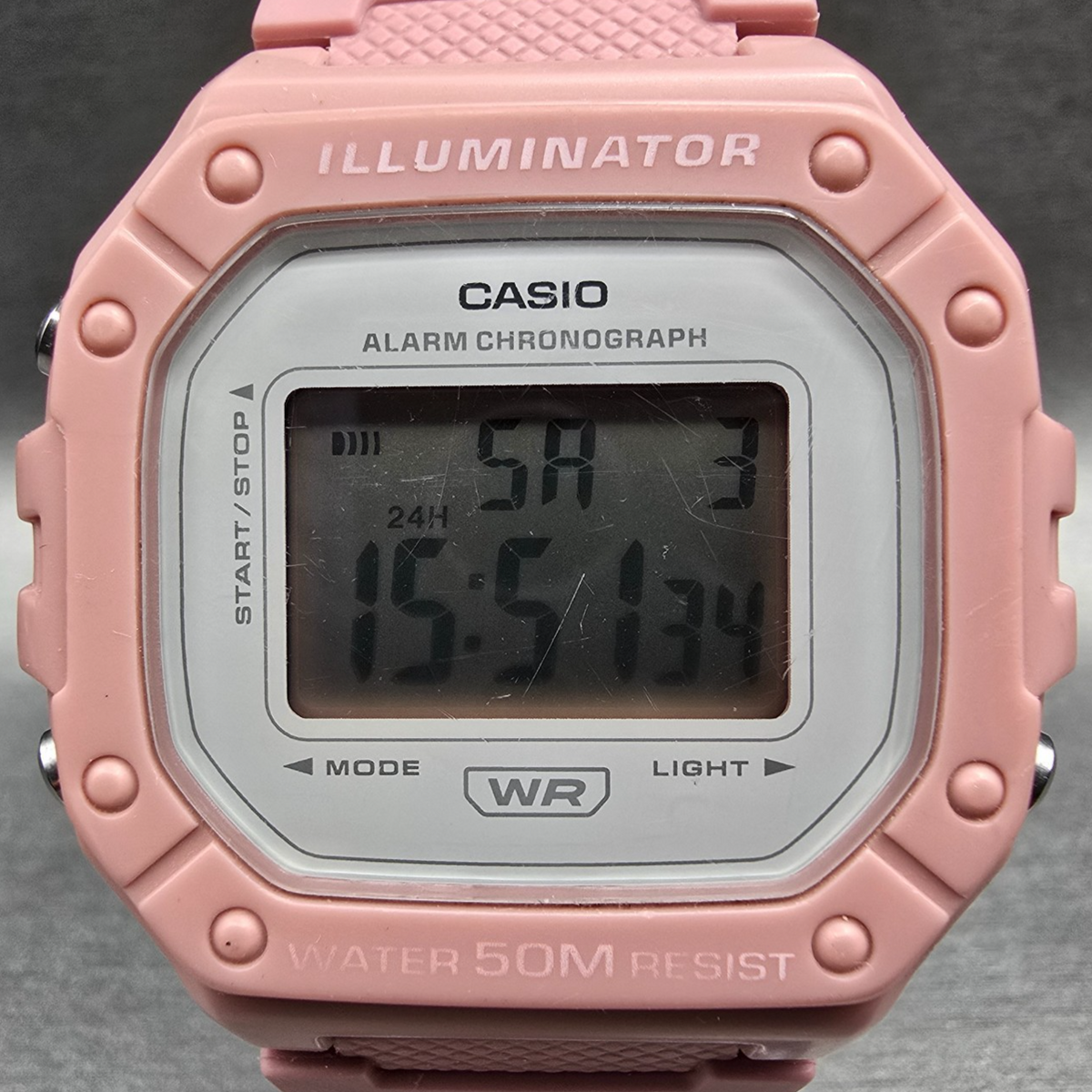 Casio Illuminator W-218H Digital Watch Men 43mm White Pink Chrono Alarm New Batt1