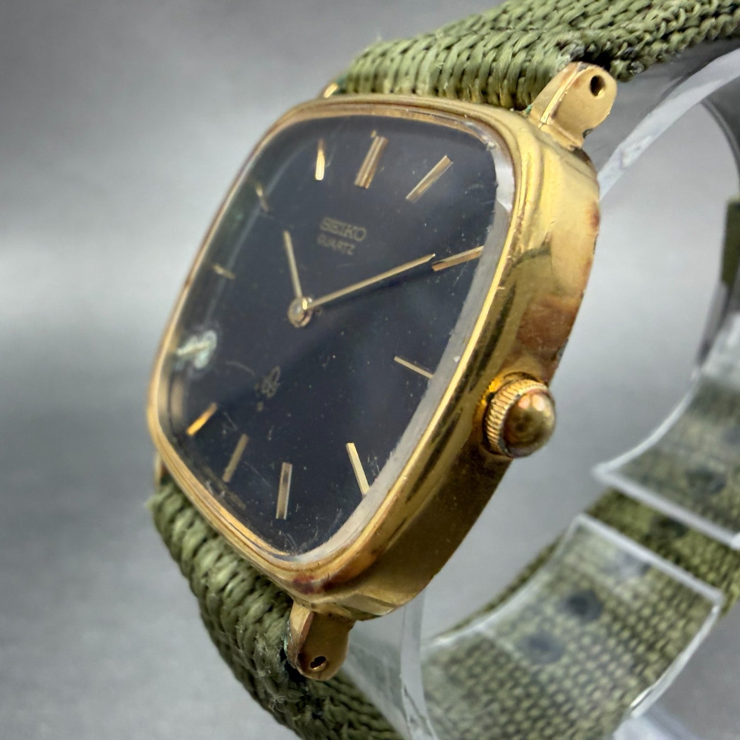 Seiko Watch Men 31mm Black Dial Gold Plated Rectangle 7820-5050 New Battery GF62