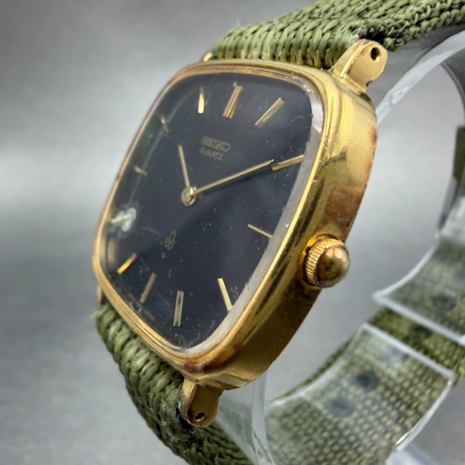 Seiko Watch Men 31mm Black Dial Gold Plated Rectangle 7820-5050 New Battery GF62