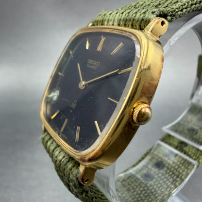 Seiko Watch Men 31mm Black Dial Gold Plated Rectangle 7820-5050 New Battery GF62