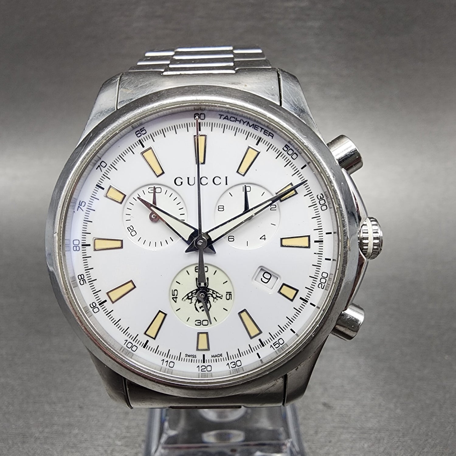 Gucci G-Timeless Chronograph Watch Men 39mm White Dial Steel Date Round NewBatte0