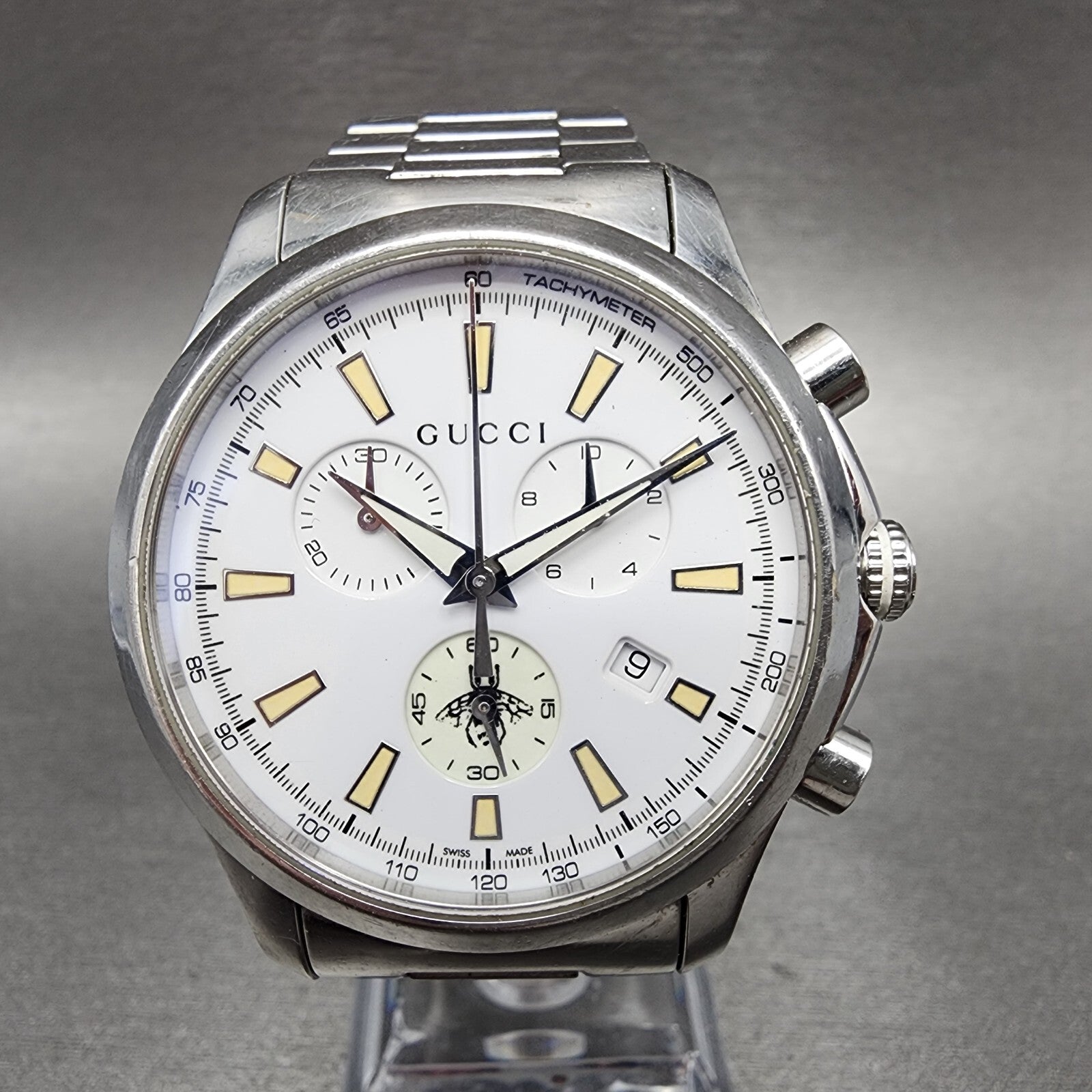 Gucci G-Timeless Chronograph Watch Men 39mm White Dial Steel Date Round NewBatte0